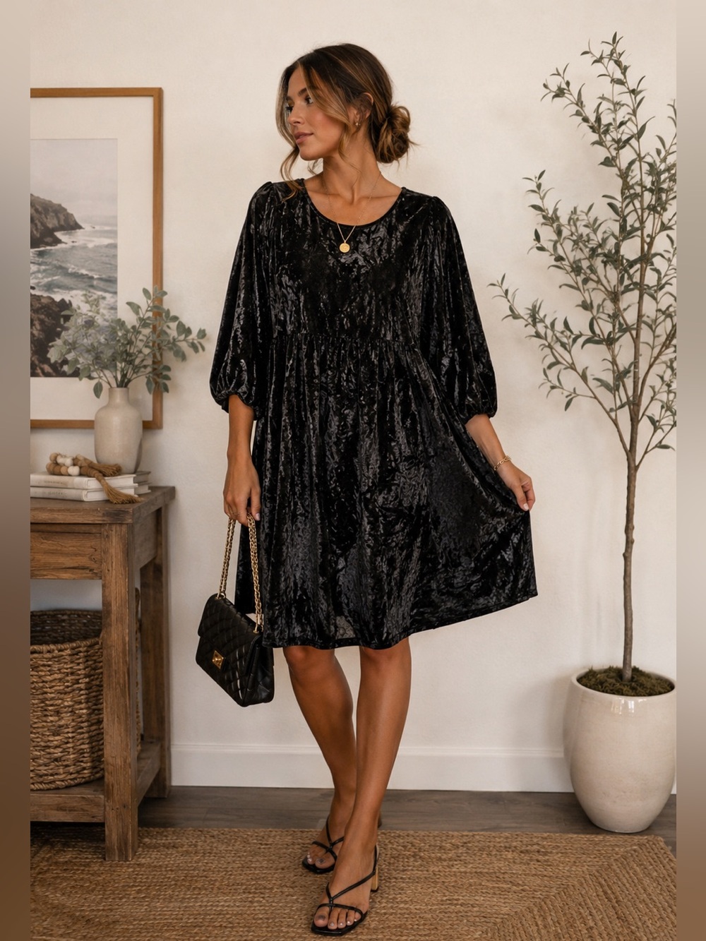 Grade & Gather Black Crushed Velvet Babydoll Dress NWT Size Small